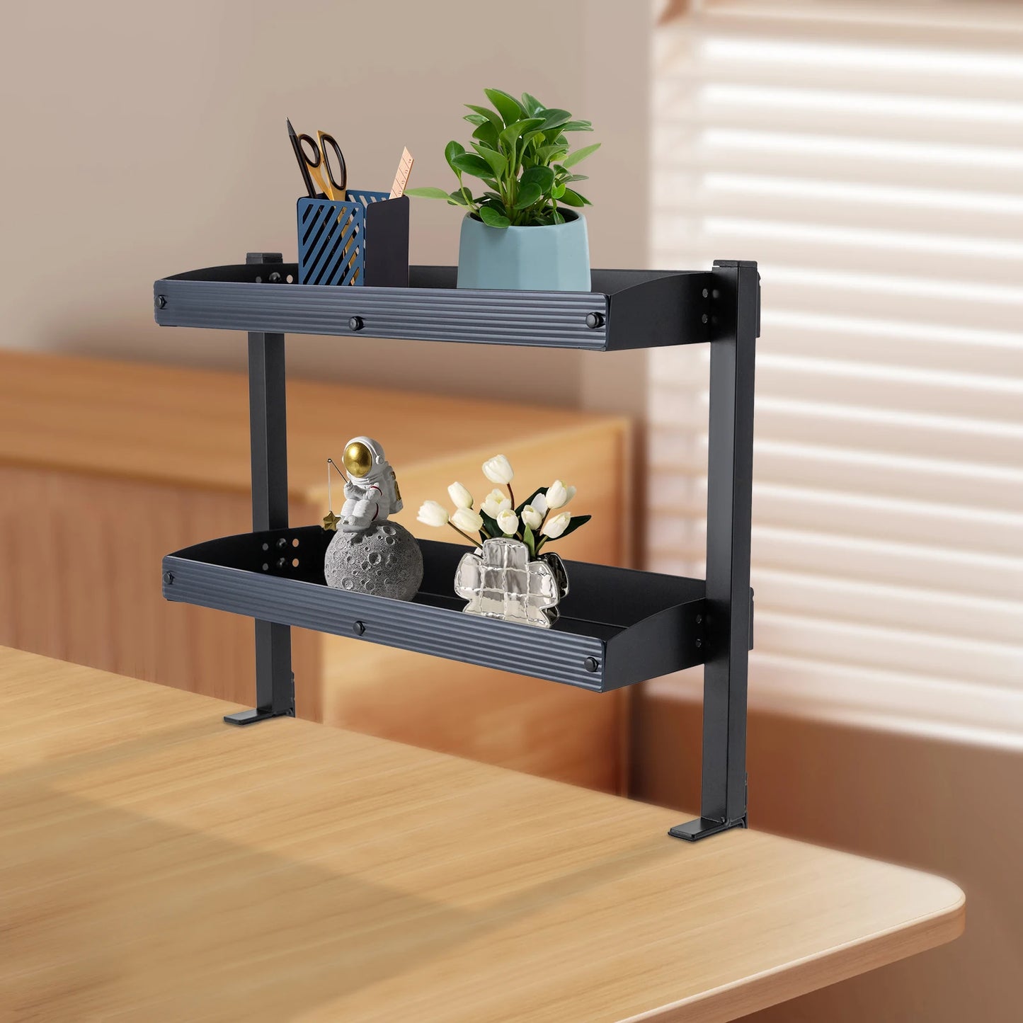 Clamp On Two Tier Desk Corner Shelf Organizer