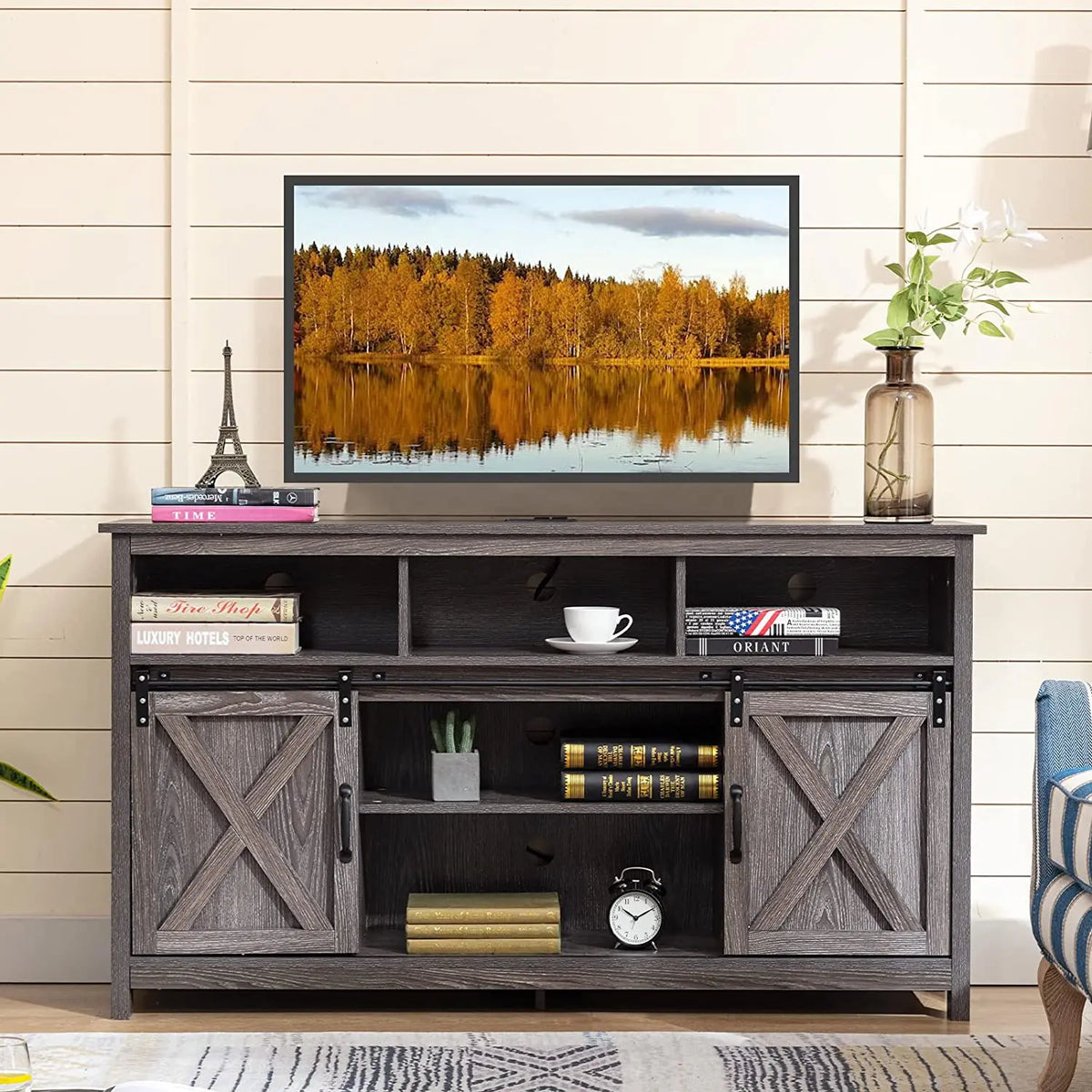 QiaoShiRen TV Stand Farmhouse Rustic Barn Door Cabinet