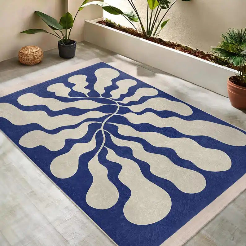 Flowing Blue Ripple Area Rug Abstract Organic Design Modern Square Carpet  Home Accent