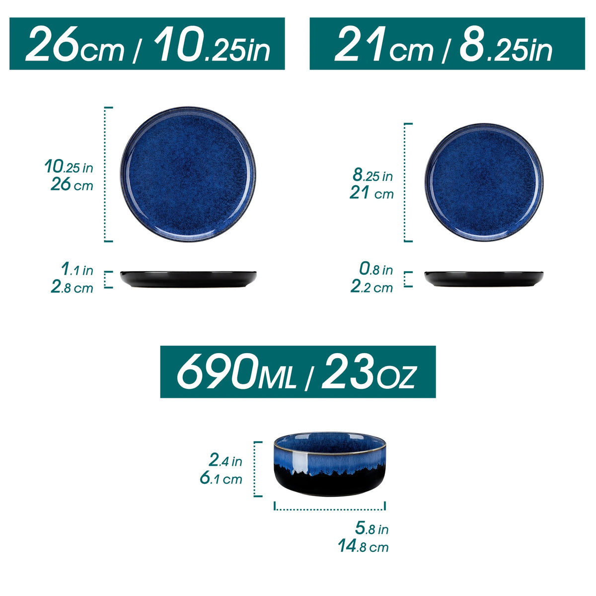 vancasso 12/24 PCS Starry Blue Reactive Glaze Stoneware Dinnerware Sets Ceramic Plates Set with 4 pcs Dinner Plate/Dessert/Bowl