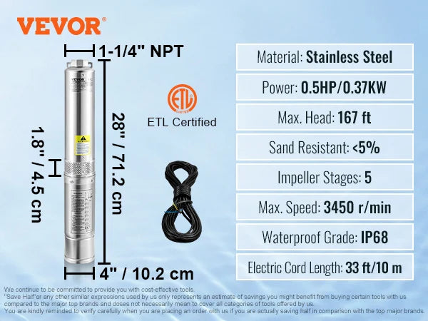 SucceBuy Stainless Steel Deep Well Submersible Pump