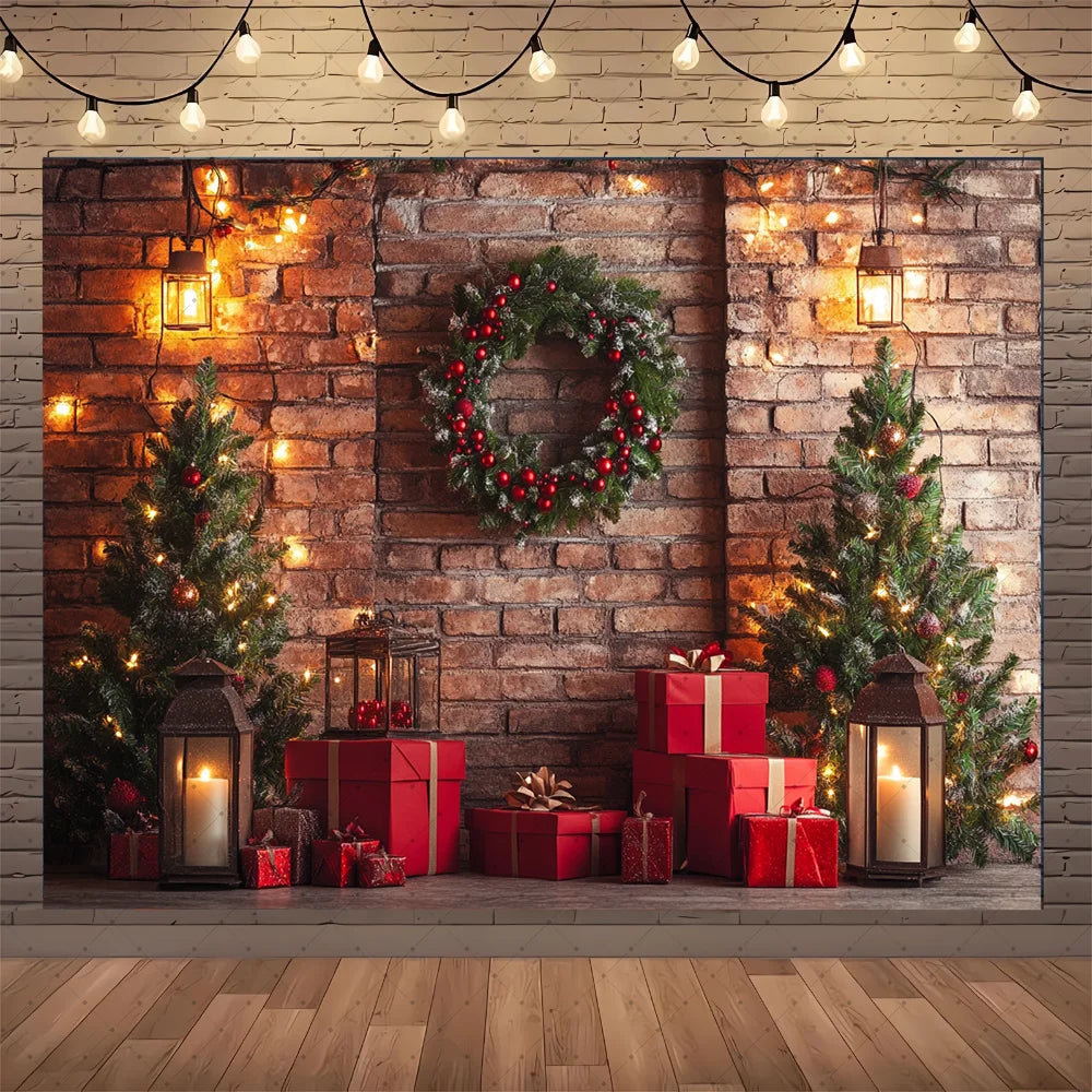 Christmas Background Happy New Year Party Xmas Tree Brick Wall Decoration Adult Children Portrait Photo Backdrop Banner