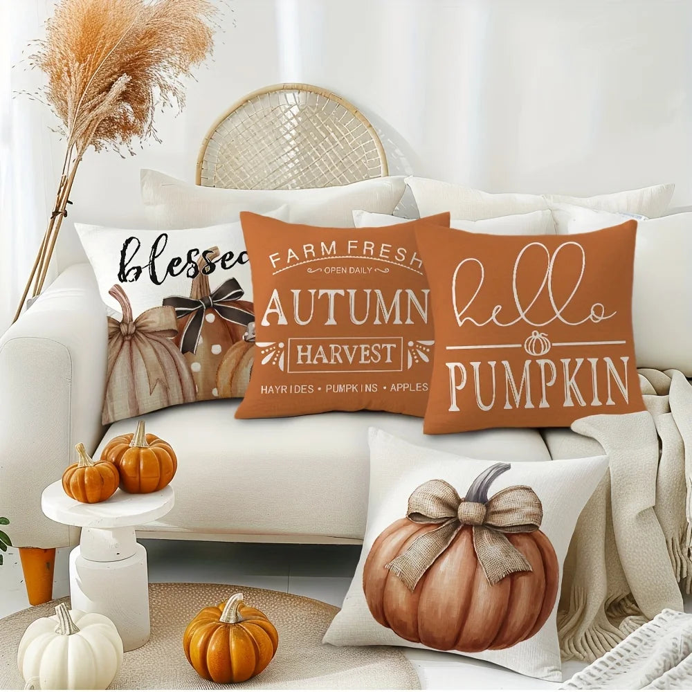 Set of 4 Pumpkin Throw Pillow Covers Autumn Harvest Decor