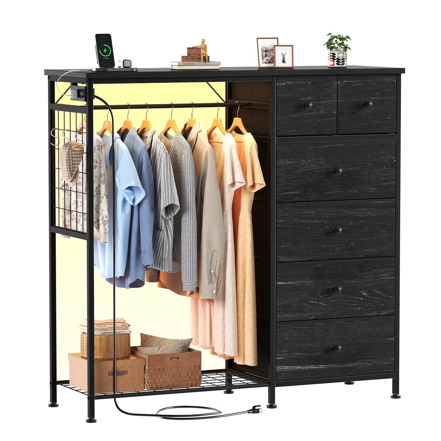 JHK Fabric Dresser With Charging Station And LED Lights