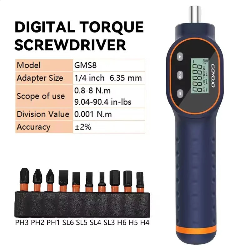 GOYOJO Digital Torque Screwdriver 7.08–70.8 In-lb / 0.8–8 Nm, 1/4' Adjustable Torque Screwdriver Set with Buzzer & Magnetic Bits, 999 Data Storage, for Gunsmithing, Electronics, and Mounting