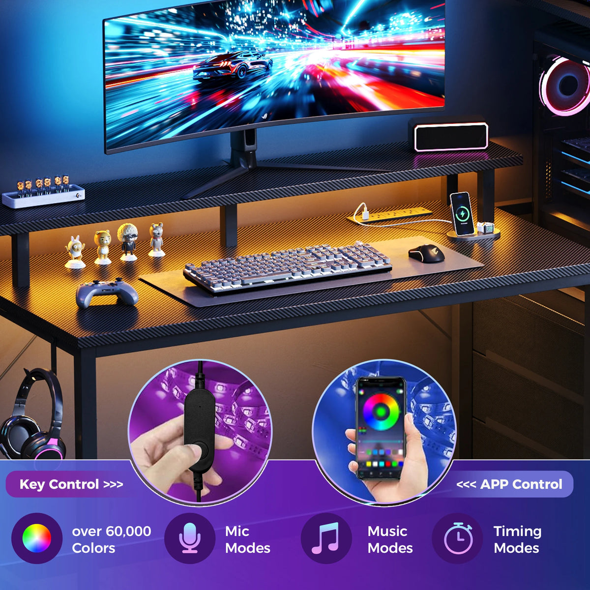 JHK Gaming Desk With Storage Drawers And LED Lights