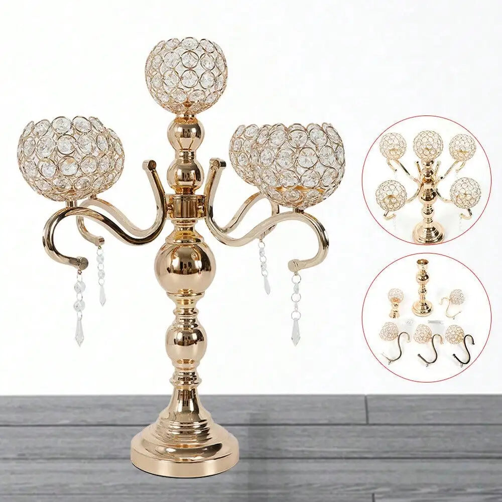 Gold Plated 5-Arm Crystal Tabletop Candle Holder, Electroplated Iron Glass Acrylic Candelabra With Stable Round Base, Modern Desktop Candle Stand For Wedding, Dinner Party, Home Decor & Holiday Housewarming Gift