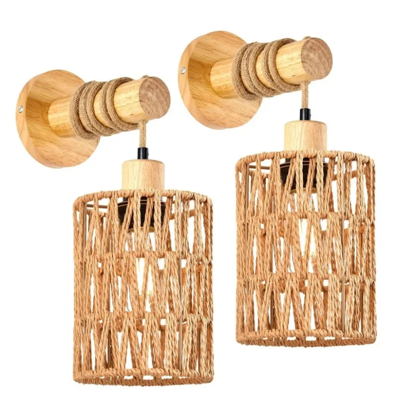 JOYINLED Hemp Rope Cylindrical Wall Lamp For Bedroom