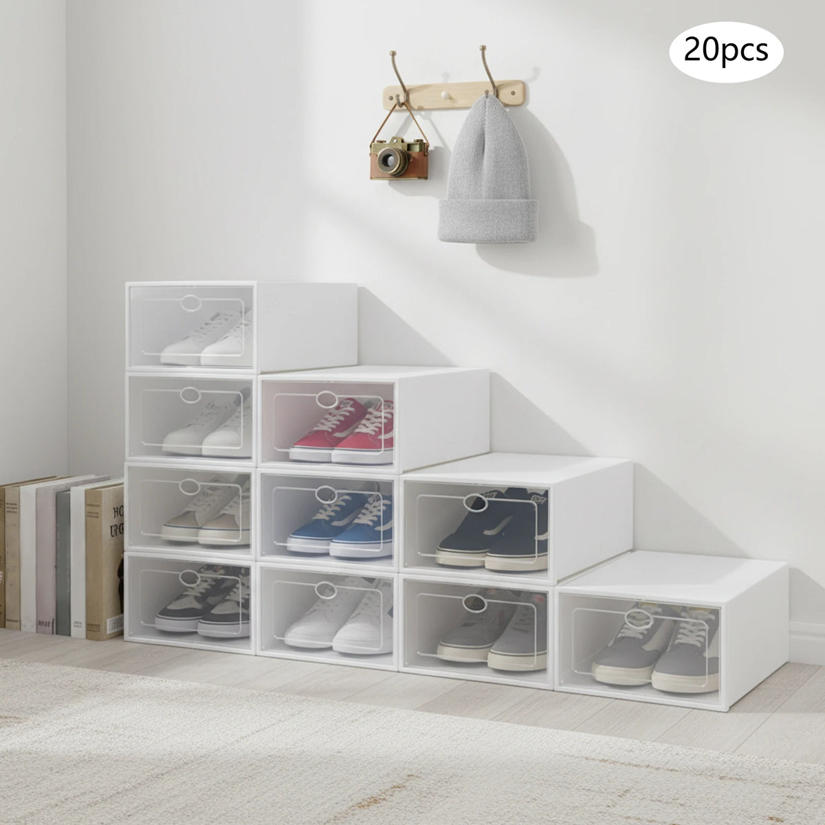 Stackable Foldable Shoe Storage Boxes With Clear Doors