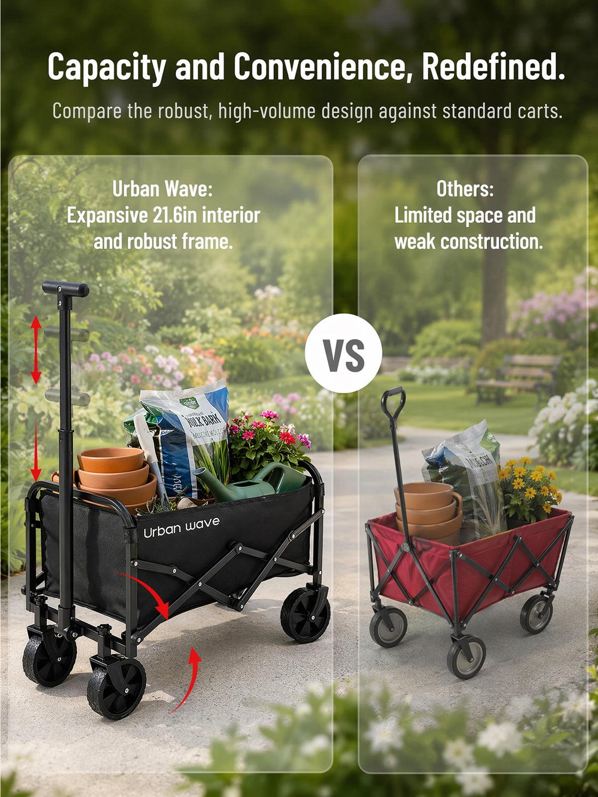 Collapsible Wagon with Wheels, 220 lbs Wagons CartsFoldable Wagon Cart with Flexible Handle, LightweightPortable Folding Utility Grocery Shopping Cart for GrocerySports Garden Camping
