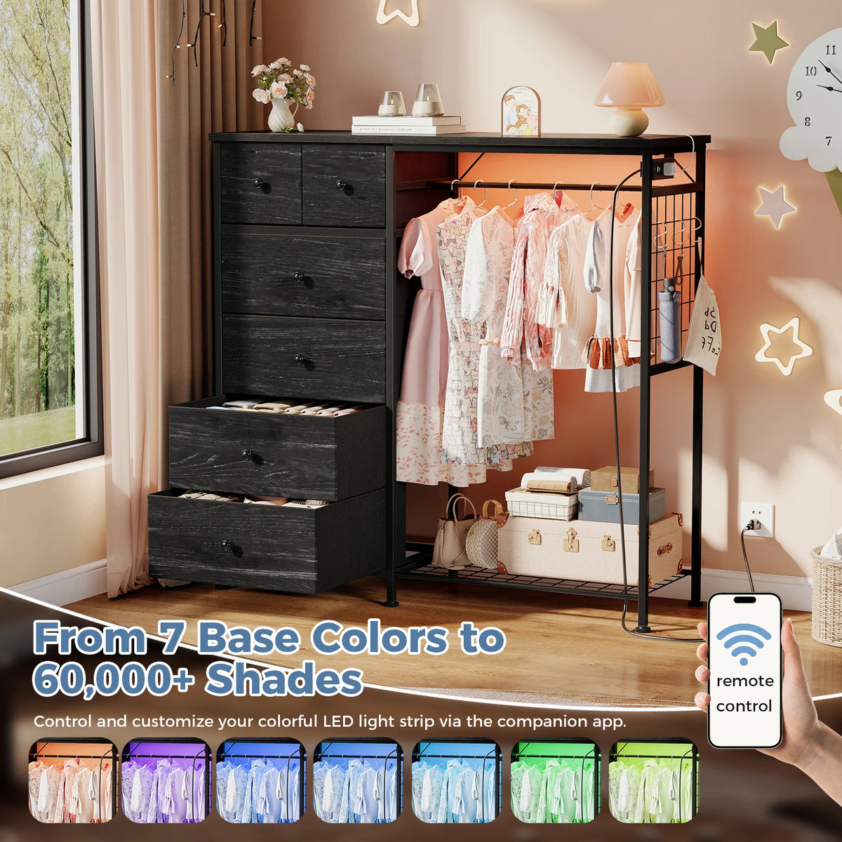 JHK Fabric Dresser With Charging Station And LED Lights