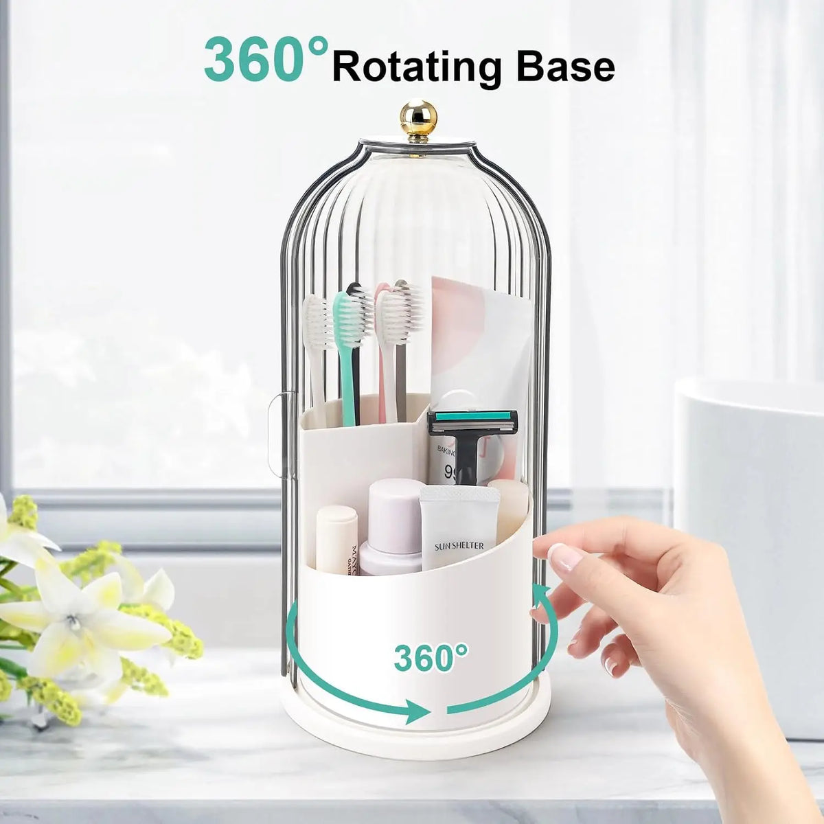 Sliding Lid Rotating Toothbrush Holder Organizer for Bathroom