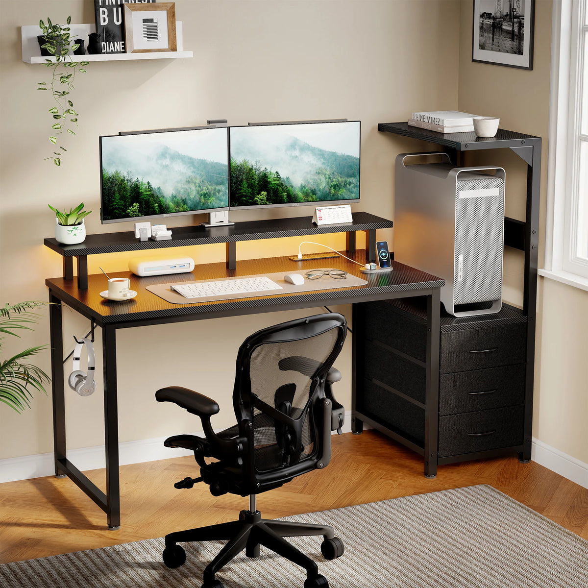JHK Gaming Desk With Storage Drawers And LED Lights