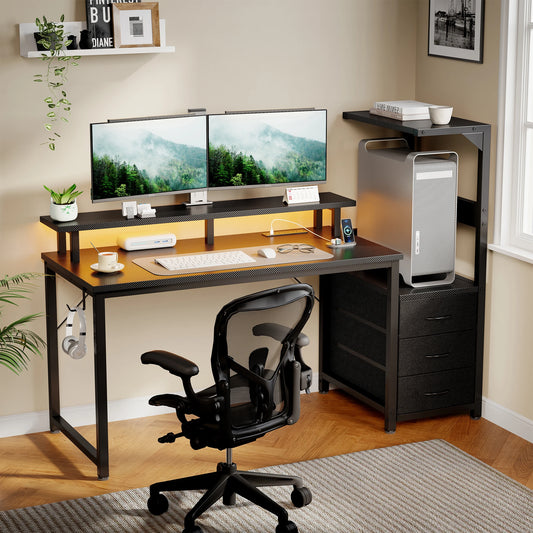 JHK Gaming Desk With Storage Drawers And LED Lights