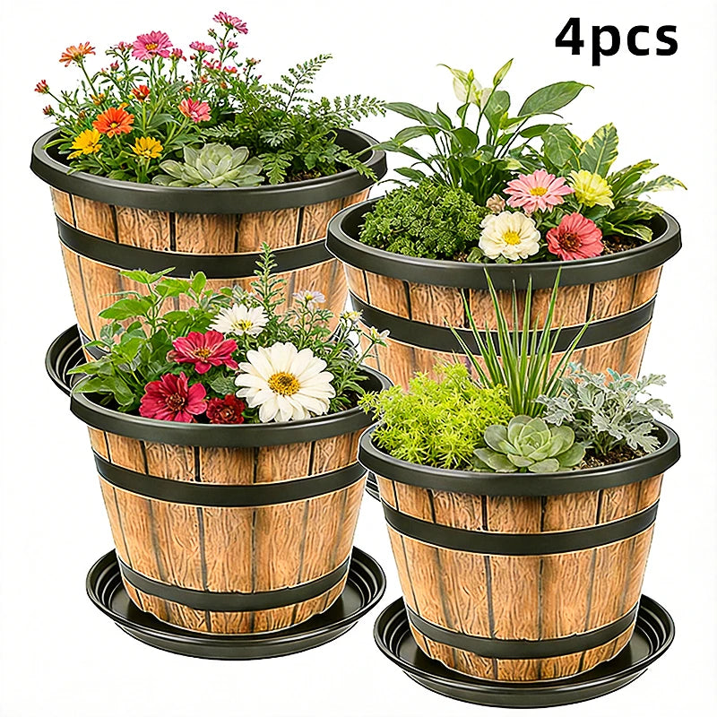 Resin Wooden Barrel Plant Planter For Indoor Balcony Decor