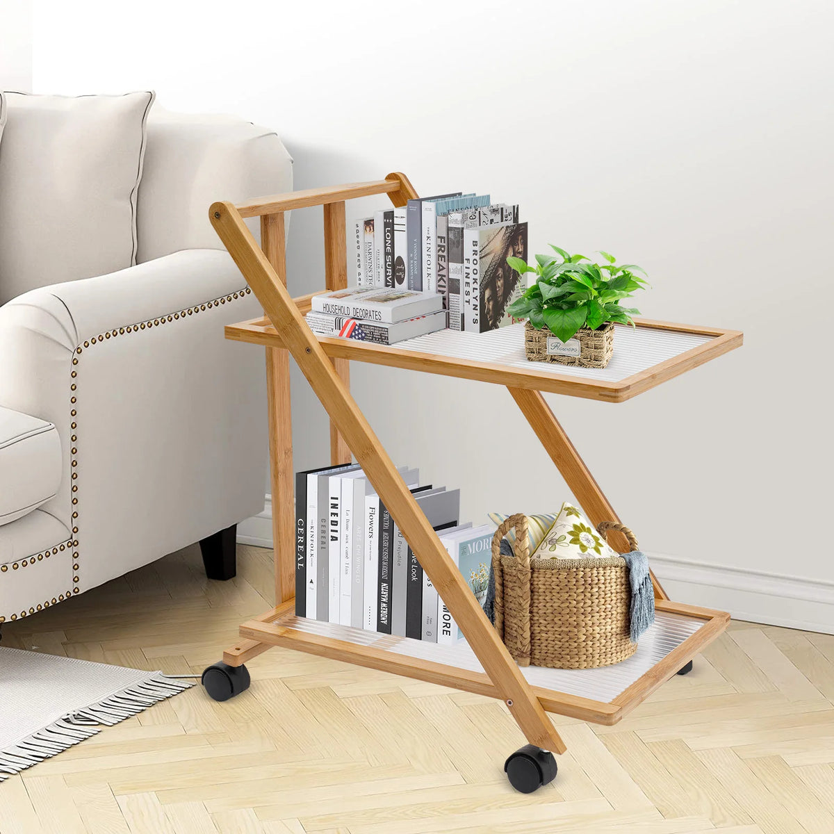 Bymaocar Two Tier Rolling Bamboo Storage Cart