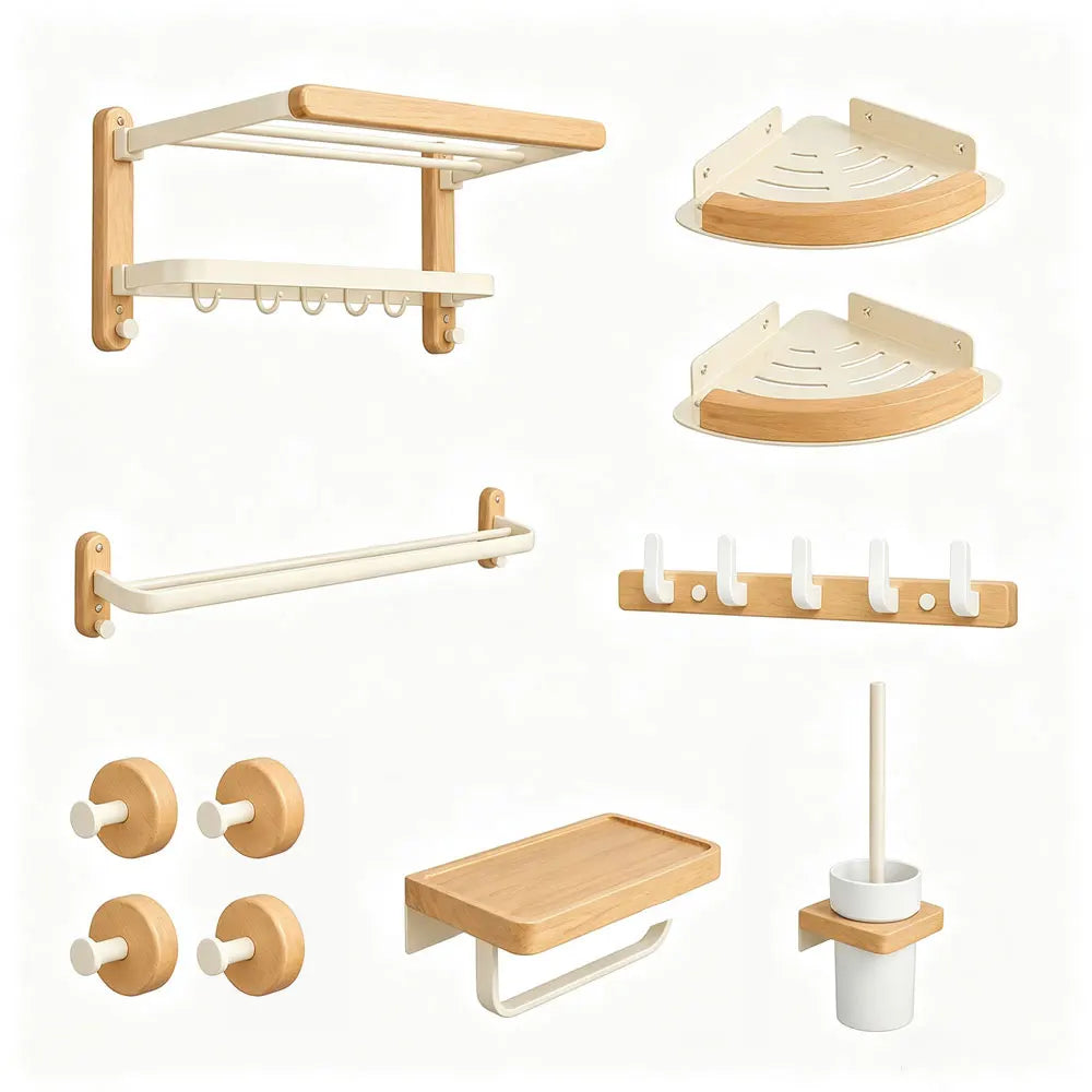 White Walnut Wood Bathroom Hardware Set Towel Rack Organizer Shelf Toilet Brush Holder Wall Mounted Bathroom Accessories Kit