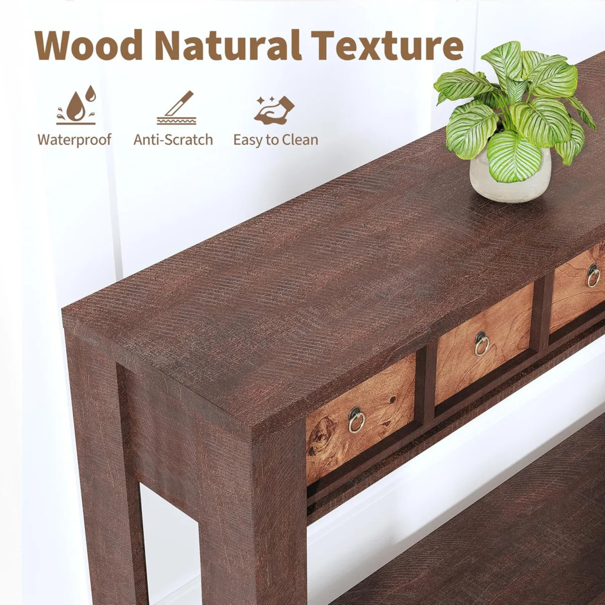 Farmhouse Wooden Console Table With Drawers And Shelf