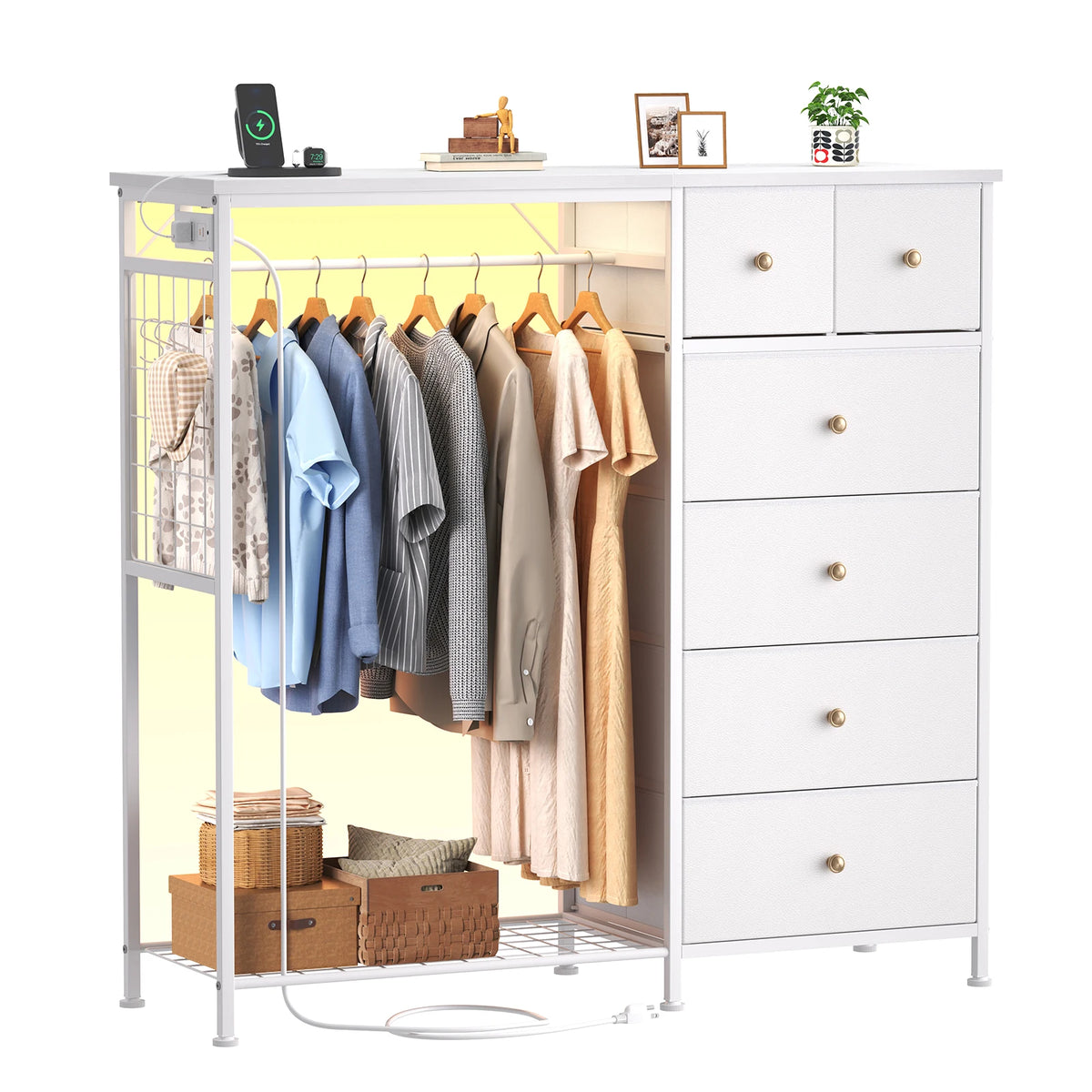 JHK Fabric Dresser With Charging Station And LED Lights