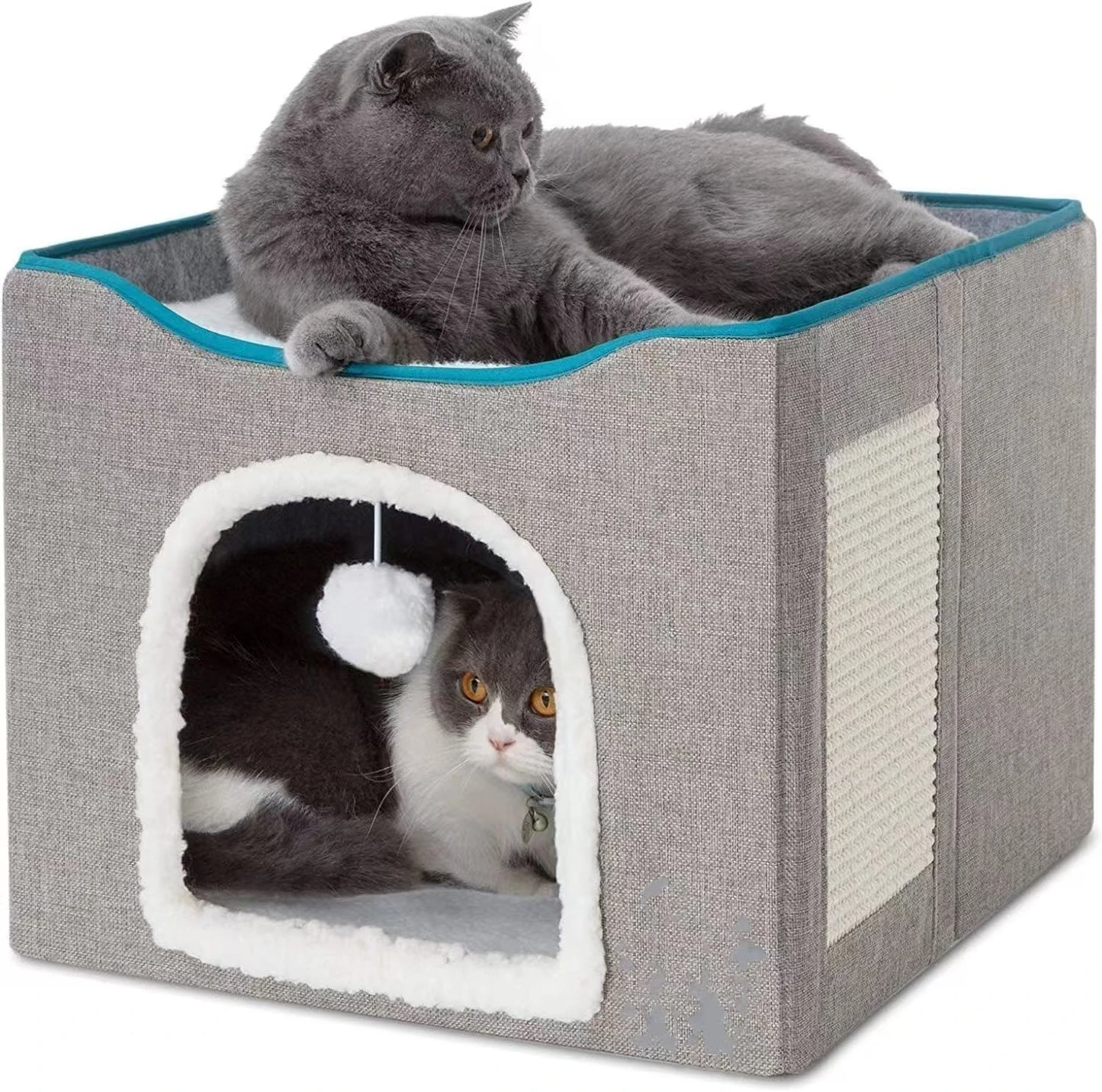 Foldable Cat Cave Bed With Scratching Pad And Fluffy Ball