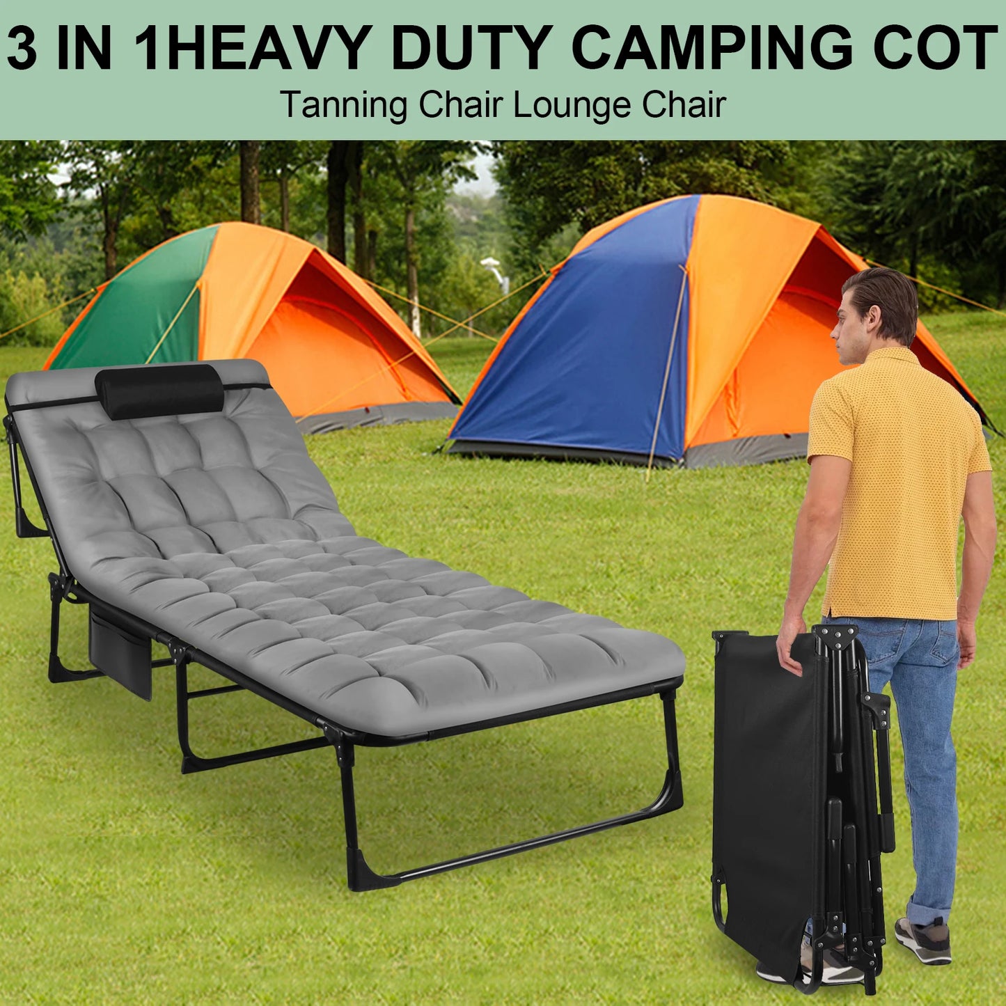 Portable Folding Camping Cot 3 Position Adjustable Lounger