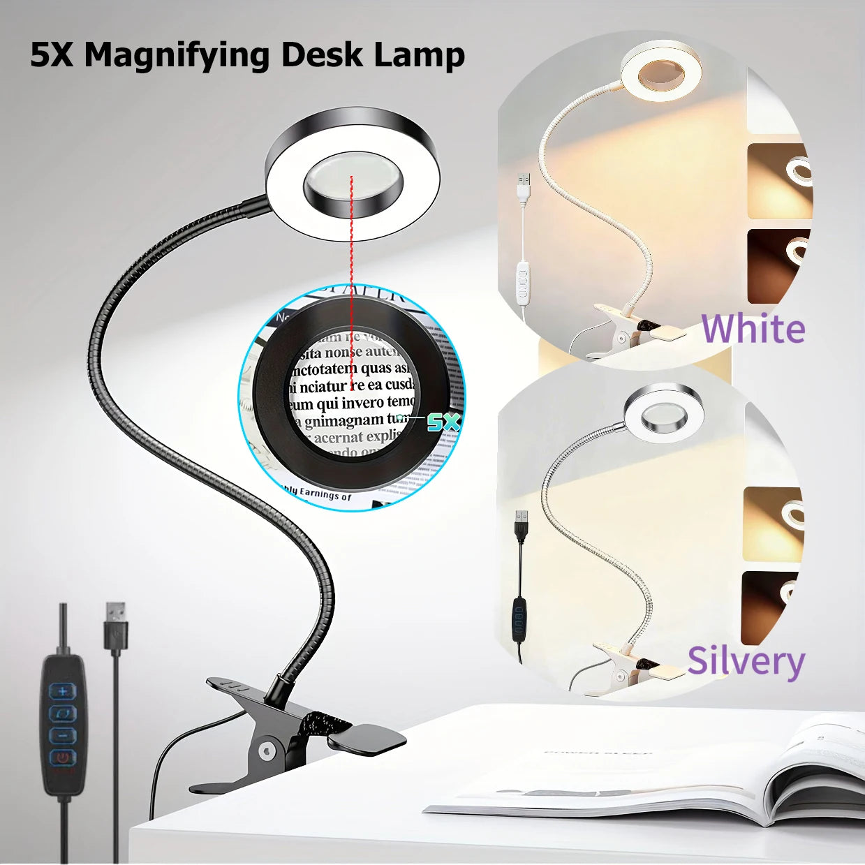 Dumiloo 5X LED Clip On Magnifying Desk Lamp