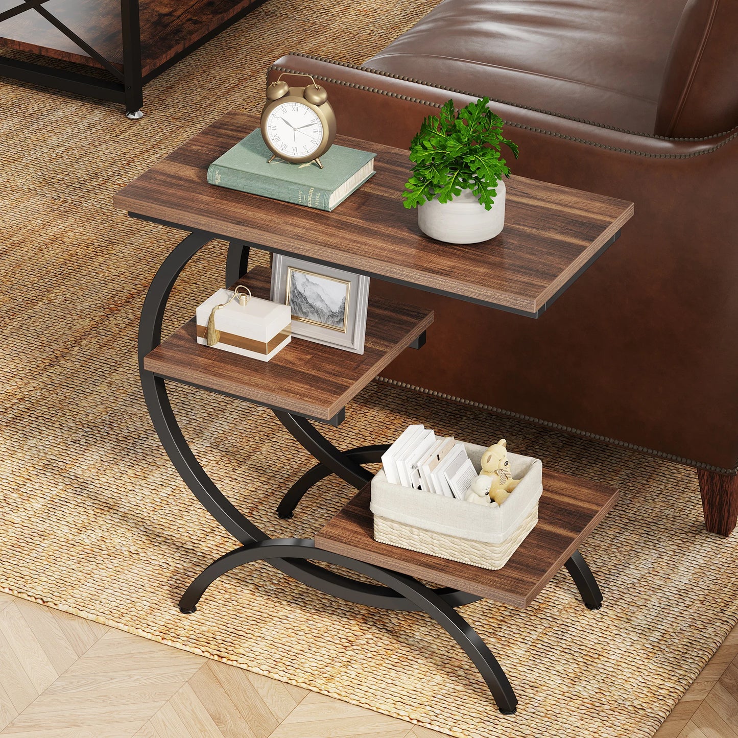 Tribesigns C-Shaped End Table With Storage Shelves