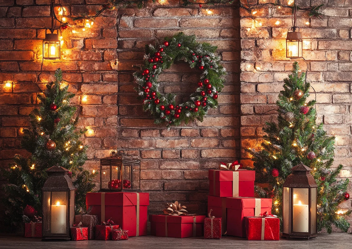 Christmas Background Happy New Year Party Xmas Tree Brick Wall Decoration Adult Children Portrait Photo Backdrop Banner