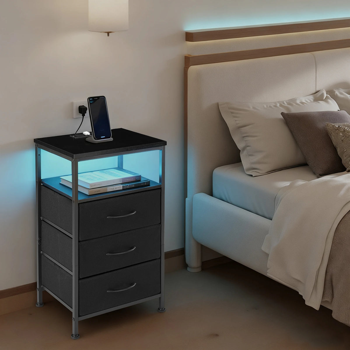 JHK Bedside Nightstand With Charging Station And Drawers