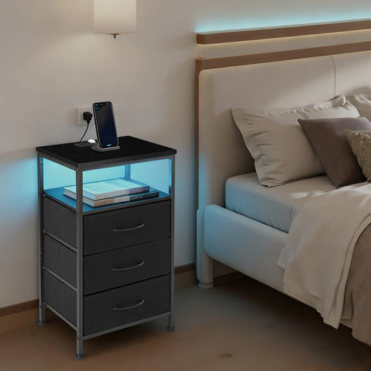 JHK Bedside Nightstand With Charging Station And Drawers