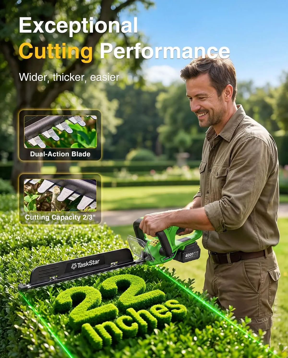 TaskStar 22" Electric Hedge Trimmer with 180° Rotatable Handle & Debris Remover & 550mm SK5 Dual Edge Blade 20V Cordless Hedge Clippers for Shrub Trimming with 2 4.0Ah Batteries