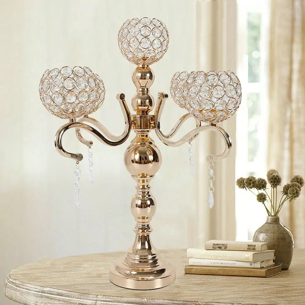 Gold Plated 5-Arm Crystal Tabletop Candle Holder, Electroplated Iron Glass Acrylic Candelabra With Stable Round Base, Modern Desktop Candle Stand For Wedding, Dinner Party, Home Decor & Holiday Housewarming Gift