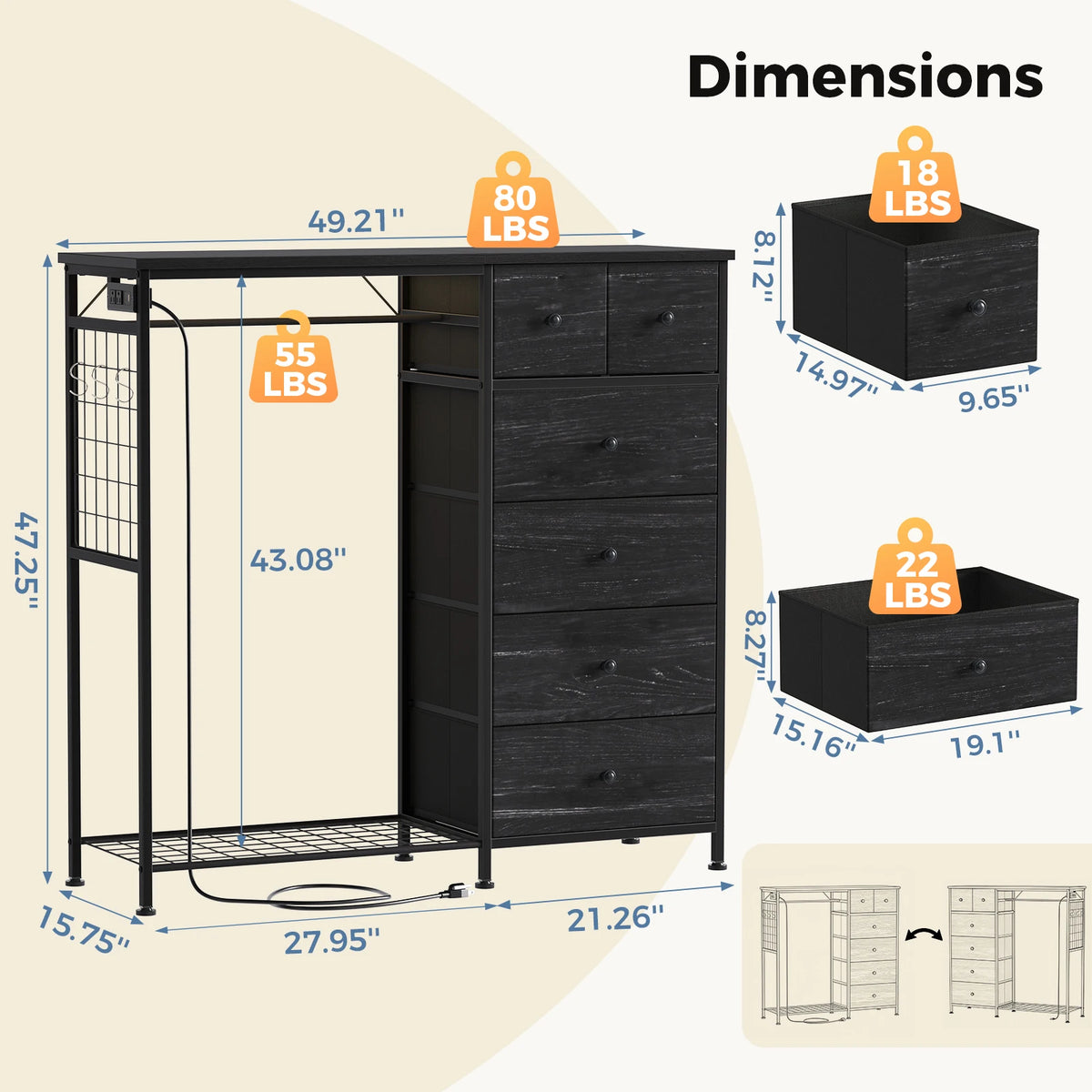 JHK Fabric Dresser With Charging Station And LED Lights