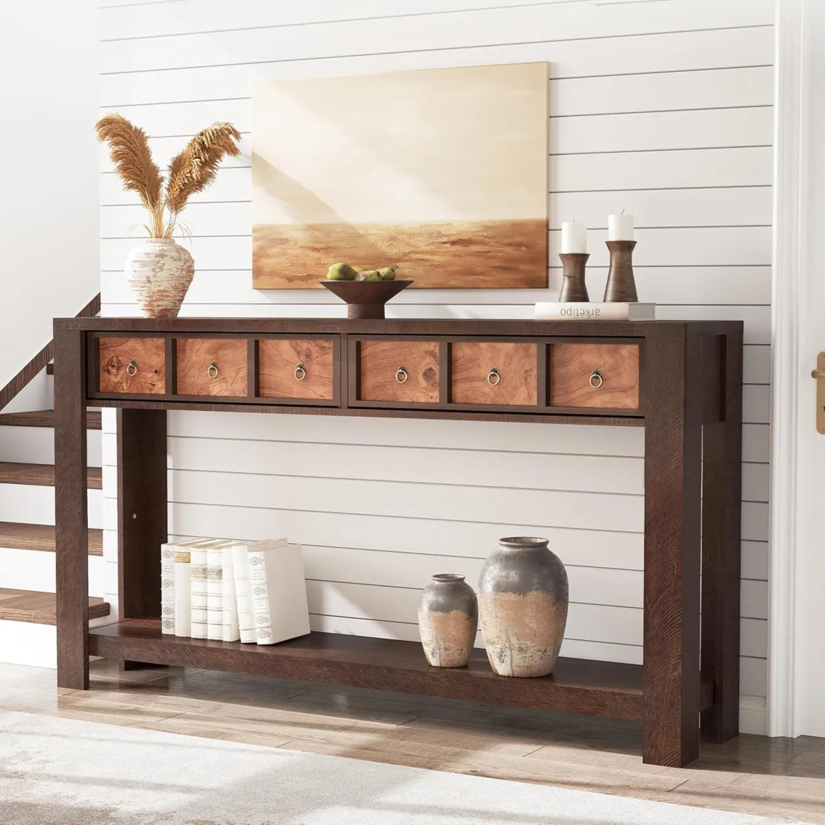 Farmhouse Wooden Console Table With Drawers And Shelf