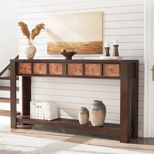 Farmhouse Wooden Console Table With Drawers And Shelf