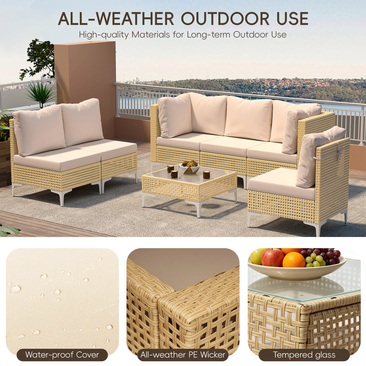 Boho Wicker Outdoor Patio Sectional Sofa Set With Cushions