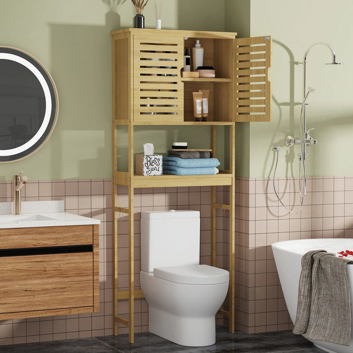 Bamboo Over The Toilet Bathroom Storage Rack