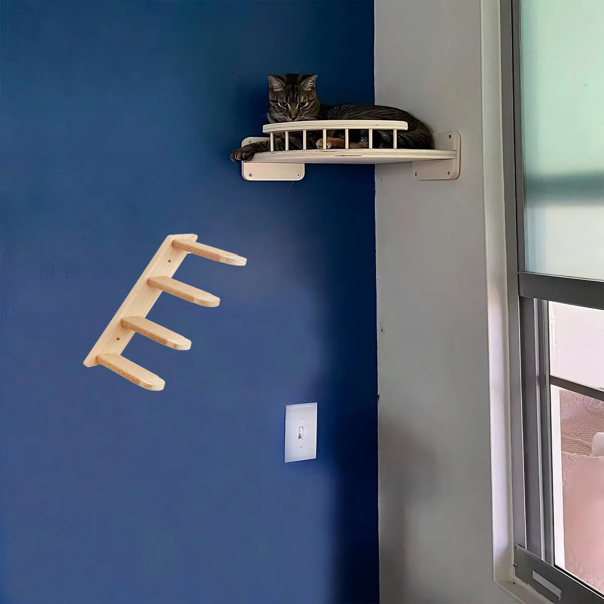 CWV Corner Pine Wood Wall Mounted Cat Hammock Steps