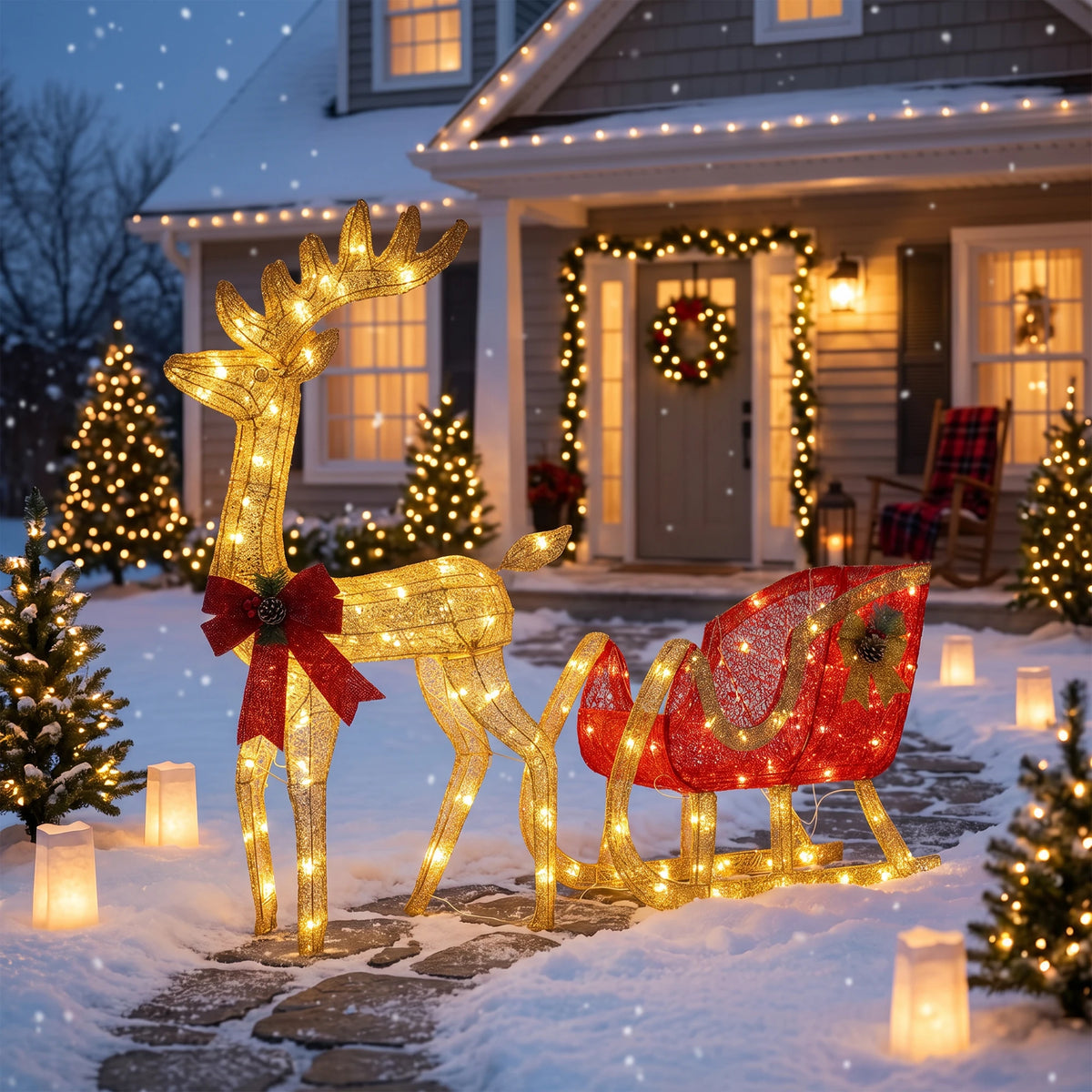 Lighted Christmas Reindeer And Sleigh Outdoor Decoration