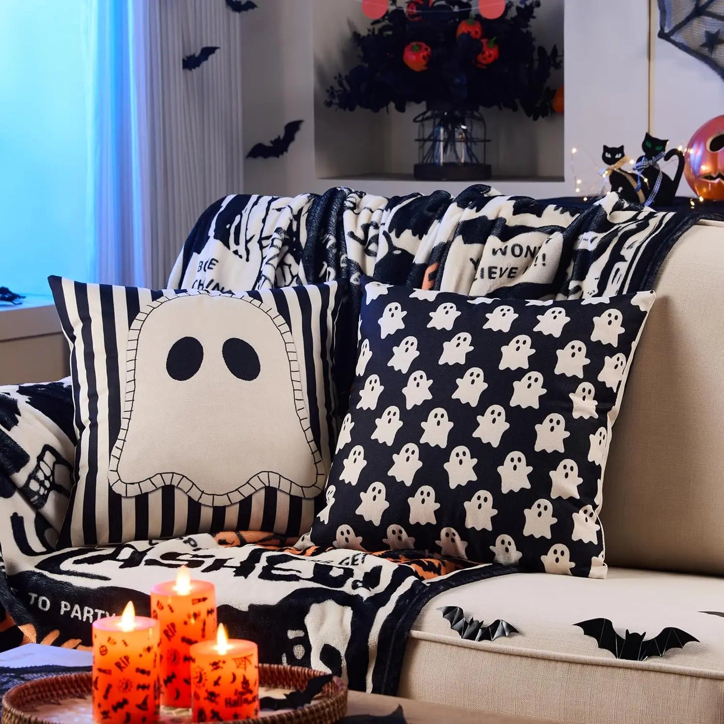 Halloween Ghost Bat Striped Sofa Pillow Covers
