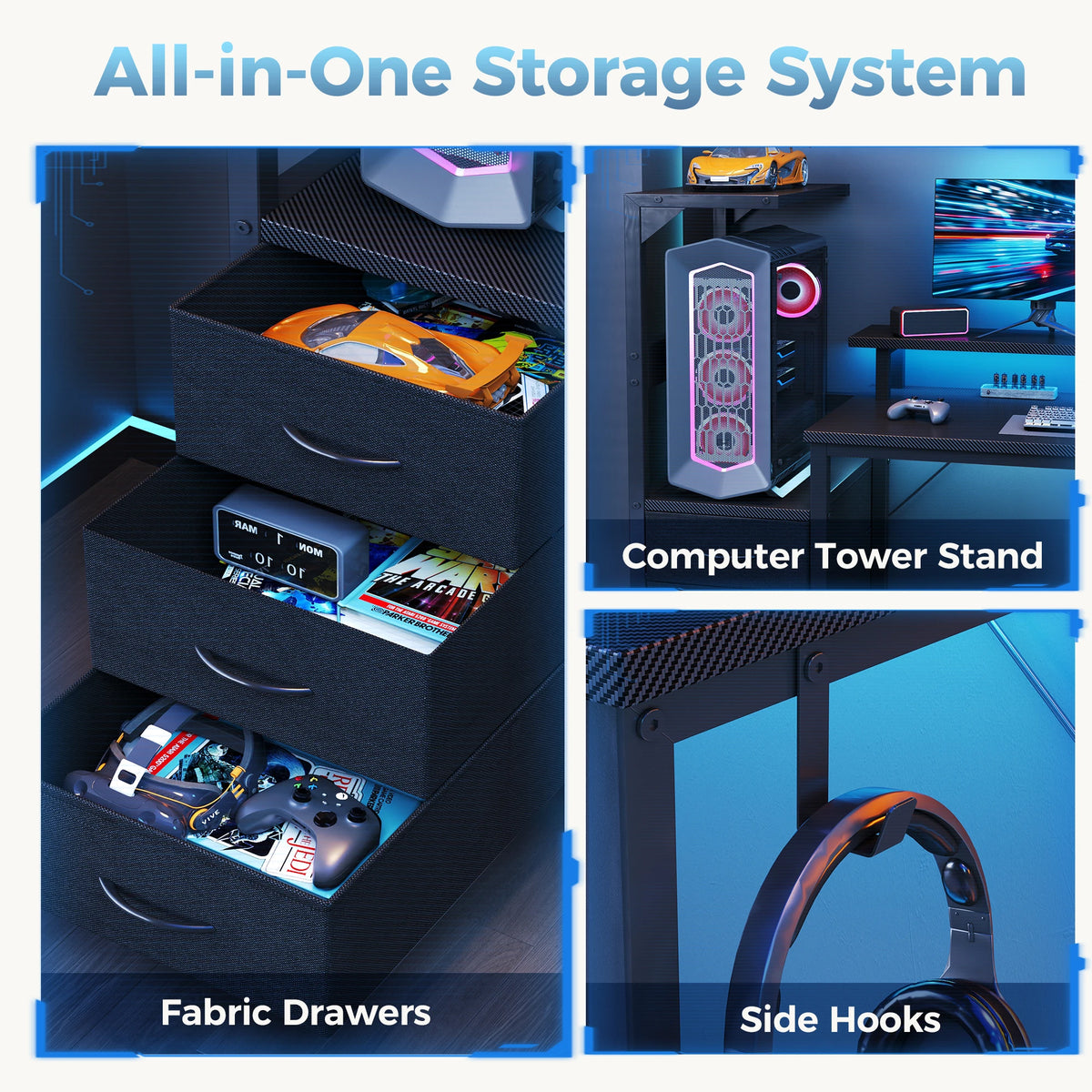 JHK Gaming Desk With Storage Drawers And LED Lights