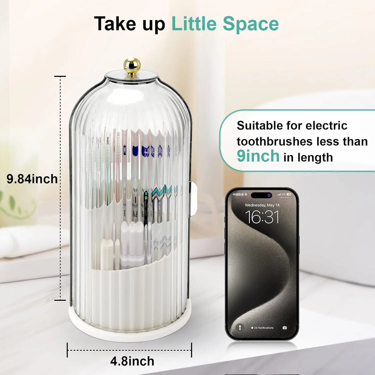 Sliding Lid Rotating Toothbrush Holder Organizer for Bathroom