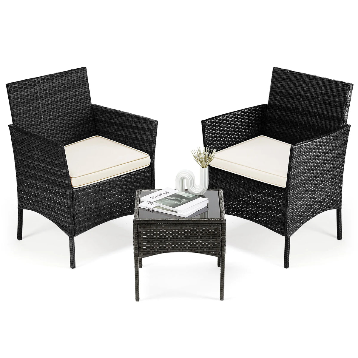 JHK 3-Piece Outdoor Patio Set Wicker Rattan With Glass Table
