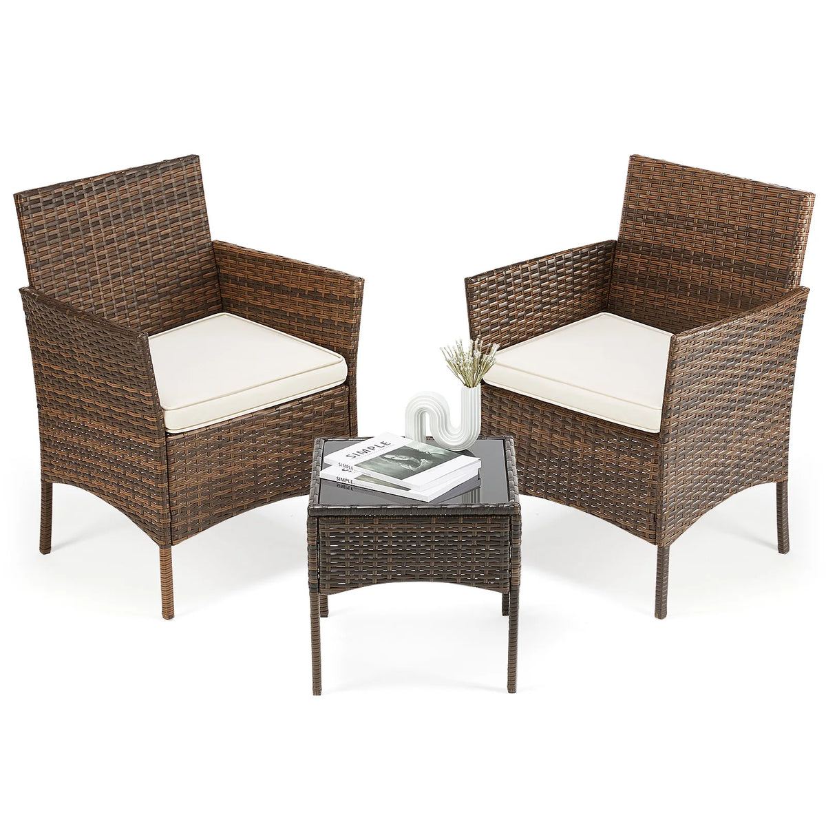 JHK 3-Piece Outdoor Patio Set Wicker Rattan With Glass Table
