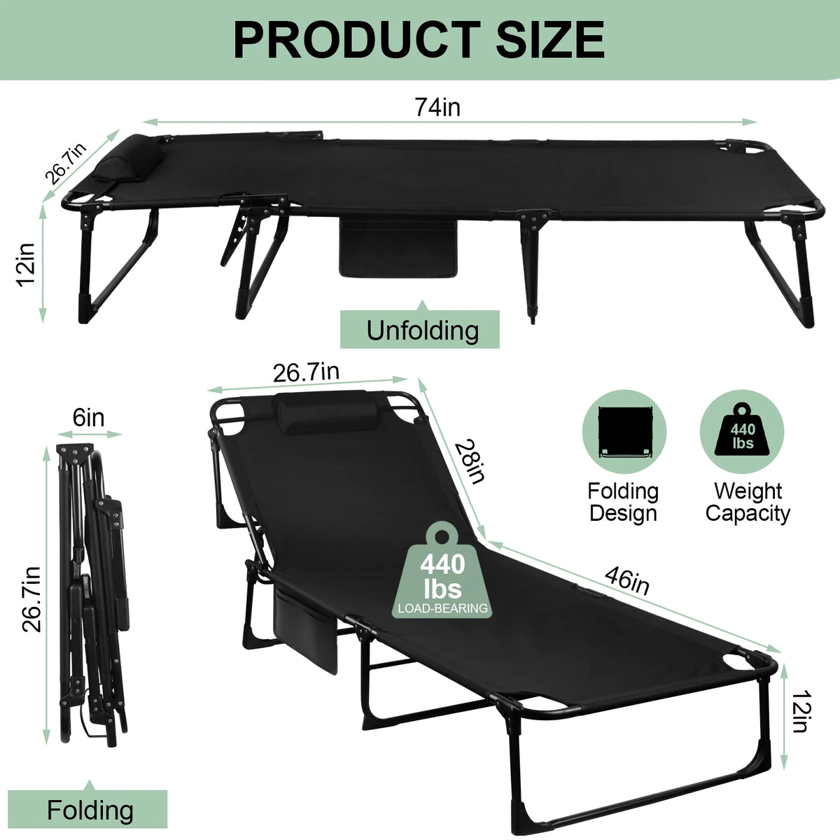 Portable Folding Camping Cot 3 Position Adjustable Lounger