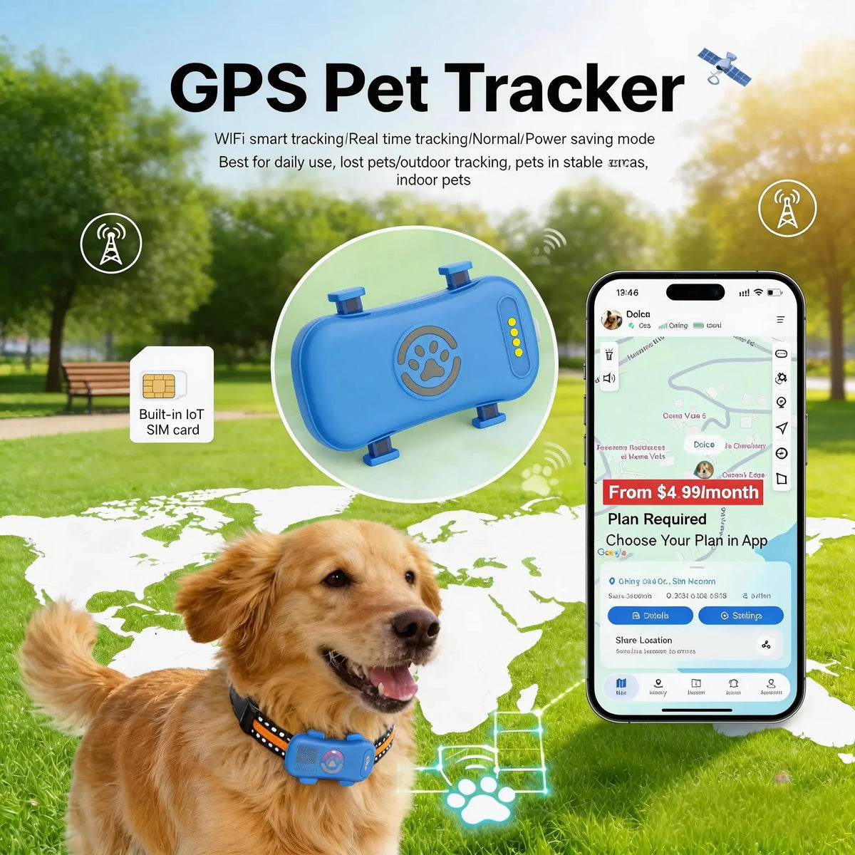 Wanwaytech 4G Pet Tracker Real Time Tracking IP67 Waterproof
