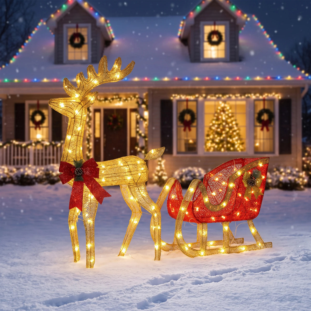 Lighted Christmas Reindeer And Sleigh Outdoor Decoration