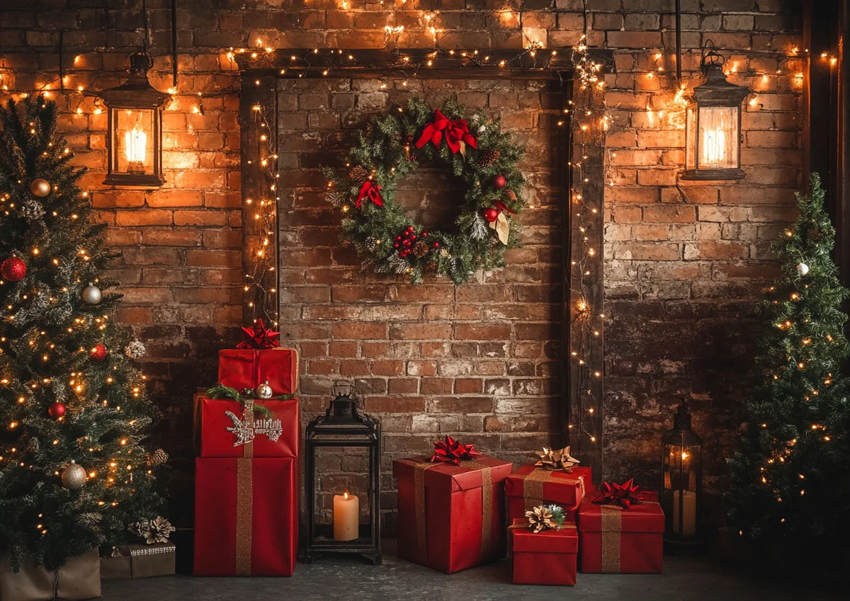 Christmas Background Happy New Year Party Xmas Tree Brick Wall Decoration Adult Children Portrait Photo Backdrop Banner