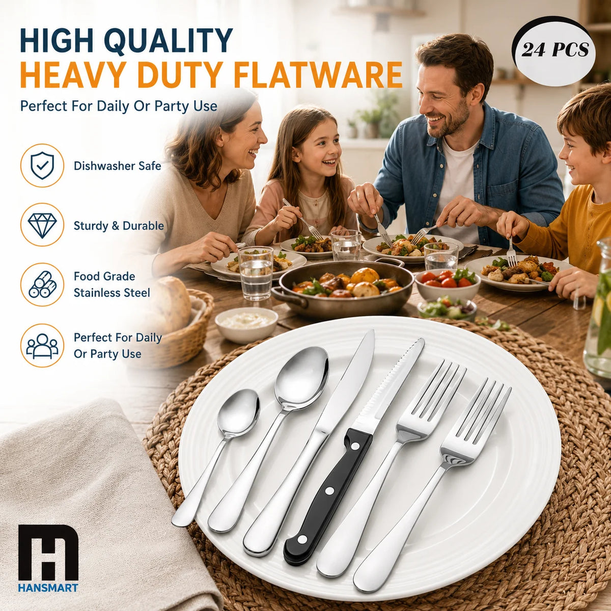 KOOMADE 24Pcs Stainless Steel Flatware Set Service for 4 Mirror Polished Cutlery With Steak Knives Forks Spoons Dishwasher Safe for Home Wedding Holiday Gift