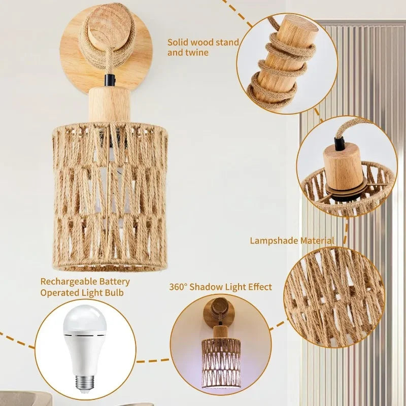 JOYINLED Hemp Rope Cylindrical Wall Lamp For Bedroom